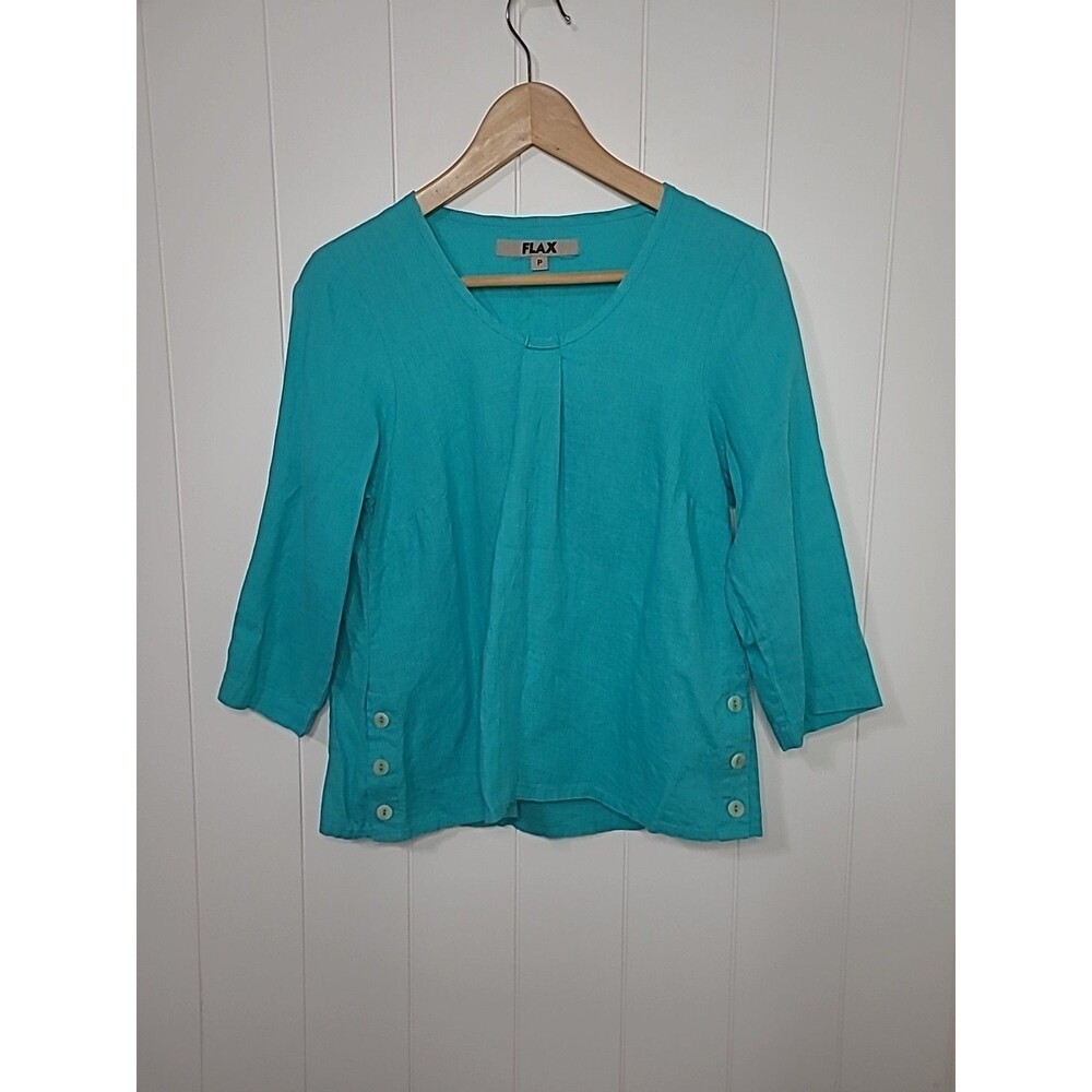 FLAX Linen Top Womens Sz P (4-6) Blue Summer Beachy Coastal Relaxed Minimalist